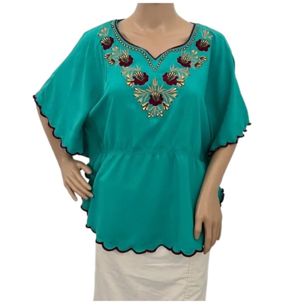 Hanako Shiratori Embroidered Turquoise Women's Top with Floral Design - Size M? - Picture 2 of 9